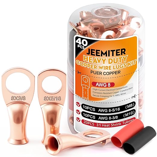 Jeemiter 20pcs 8 AWG Battery Cable Lugs, 5/16" & 3/8" Copper Ring Terminals, Heavy Duty Crimp Connectors for 8 Gauge Wire with 20pcs 3:1 Heat Shrink Tubing & Glue Bottle - Automotive Marine Solar Use