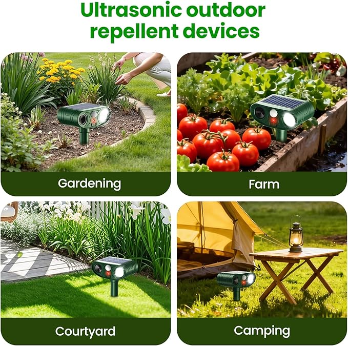 2026 Upgraded Ultrasonic Solar Animal Repellent Outdoor, Deer Repellent Devices Squirrel Cat Raccoon Rabbit Dog Deterrent with Motion Sensor Flash Light for Yard Garden Lawn-4 Pack