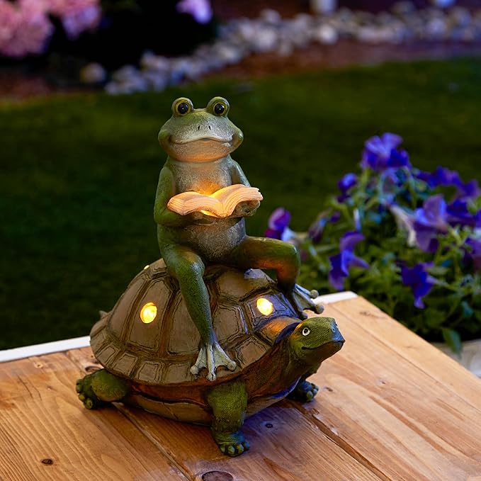 Zingz & Thingz Day & Night Garden Décor Solar Statue Figurine, 10.5x7x11, Frog and Turtle