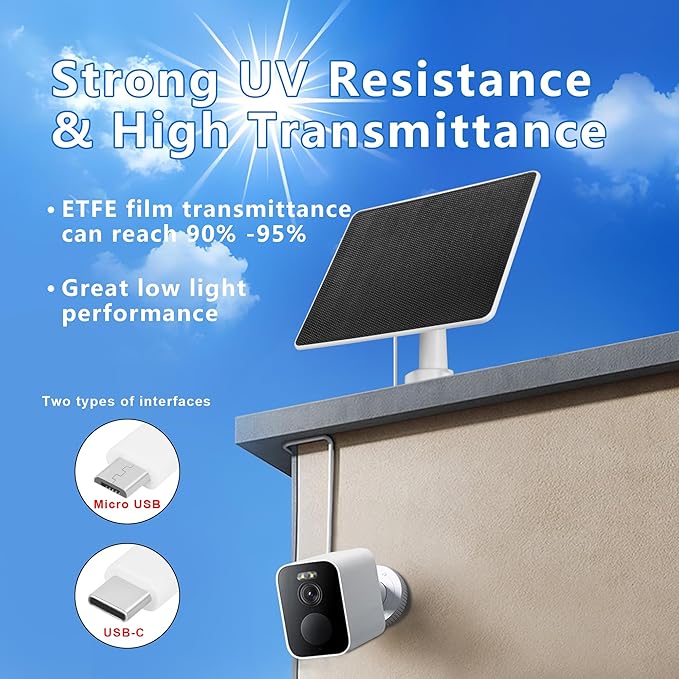 LIYVZ 5W Solar Panel for Security Camera Outdoor USB-C & Micro-USB 3 Pack, IP66 Waterproof, 360° Adjustable Bracket, 10ft Cable, Continuous Solar Power for Rechargeable Battery Cameras