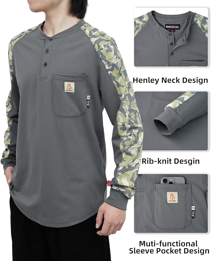 BOCOMAL FR Shirts 6oz Lightweight Flame Resistant Long Sleeve Henley Shirt Fire Retardant Workwear NFPA2112 CAT2