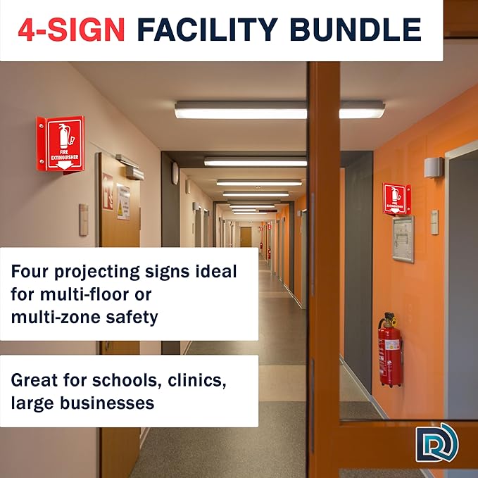 4 PC Fire Extinguisher Signs, 6 Inch Fire Extinguisher Two-Sided Acrylic Projecting V-Sign with Down Arrow, Including Screws
