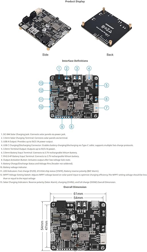 5V-24V Solar Power Management Module with MPPT, Type-C Power Adapter, 5V/3.1A Regulated Output, USB C, Ideal for Solar Charging, IoT & Eco-Friendly Projects (Not with 18650)