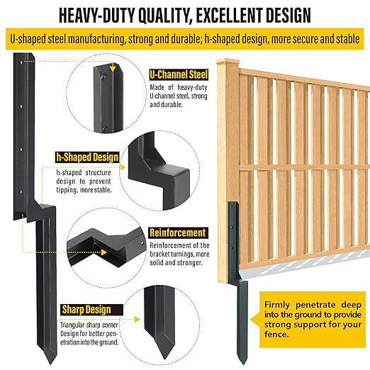 Heavy Duty Steel Repair Stakes, Anchor Ground Spike, for Repair Tilted/Broken Wood Fence Post (2 Pack/Black）