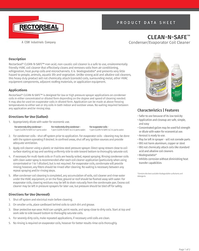 Rectorseal Clean-N-Safe 83780 Coil Cleaner, Non- Acid Deep Cleaning Foam, Easy Application for HVAC Cleaning and Corrosion Protection, Aerosol Spray, HVAC, 20 oz.