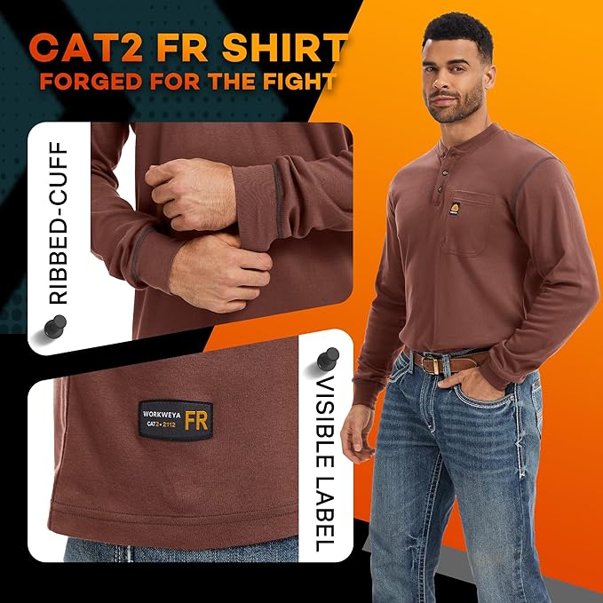 WORKWEYA FR Shirts for Men 6.5 oz Flame Resistant Long Sleeve Henley Shirt NFPA 2112/CAT2