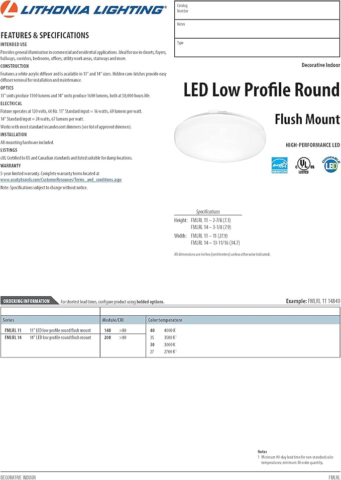 Lithonia Lighting FMLRL 14 20830 M4 Contractor Select 14-Inch 3000K LED Low Profile Round Flush Mount
