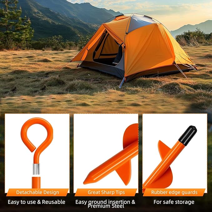 Ground Anchors Heavy Duty, 8 Pack Swing Set Anchor Kit Screw in Earth Anchors Trampoline Spiral Stakes for Camping Tent, Canopies, Car Ports, Securing Animals, Trap Anchors Hurricane Tie Down(Orange)
