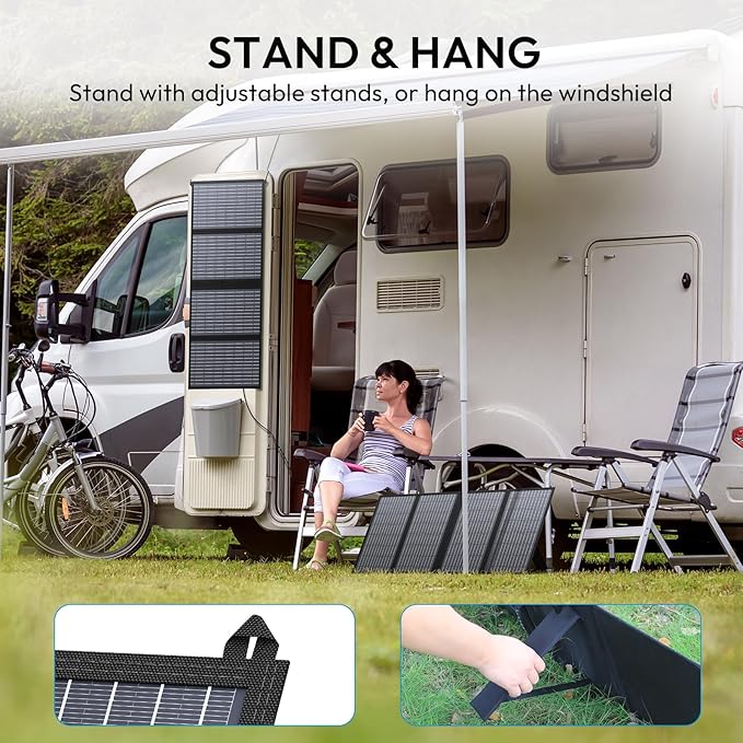 Portable Solar Panel, 60W Foldable Solar Panel Charger for Portable Generator Power Station, Comes with Adjustable Kickstands, DC 18V Output, USB 3.0 and Type-C Ports for Camping Traveling Van RV Trip