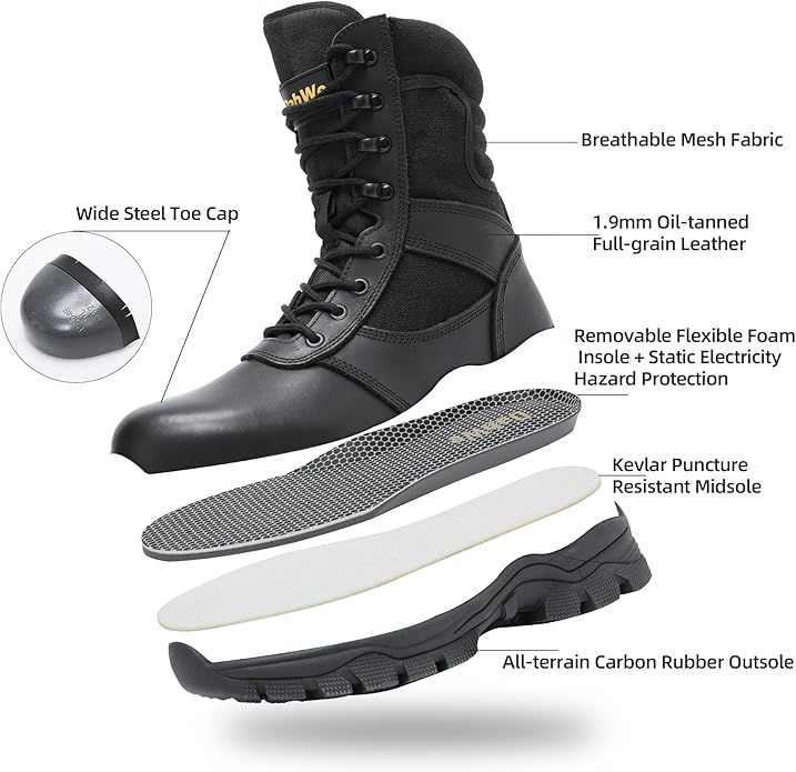 DahWe Men's Steel Toe Work Boots with Side Zipper 8 inch Lightweight Comfortable Indestructible Puncture Proof for Industrial Construction Warehouse Roofing Logger Riding Safety