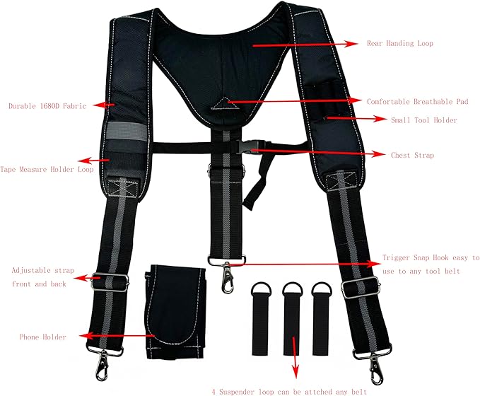 Padded Tool Belt Suspenders 3 Hook Swivel Suspenders for Tool Belt Heavy Duty Work Suspenders