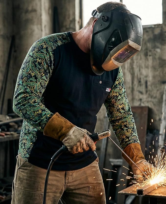 BOCOMAL FR Shirts Crewneck 5.5oz Lightweight Cotton Paisley Camo Two-Tone Flame Resistant Long Sleeve CAT2 Work Shirt