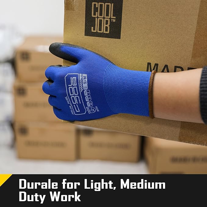 COOLJOB 60 Pairs Safety Work Gloves Pack Bulk with Grip PU Coating, 13 Gauge Seamless Knit Gloves with Polyurethane Dipped for Warehouse Working, Breathable Lightweight for Men Women, Blue Small