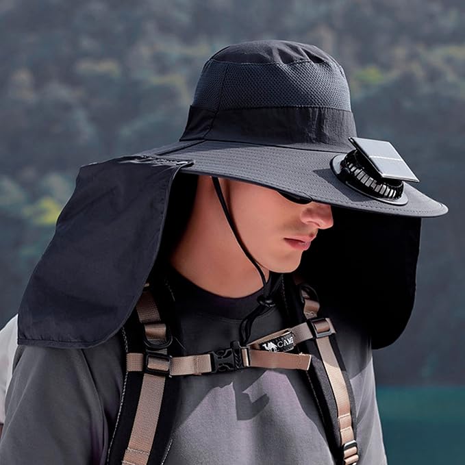 Extra Wide Brim Solar Fan Hat, Mens Fishing Hat with Fan, Neck Flap Sun Hat, UPF 50+ Solar Powered Cooling Cap Fisherman Hats