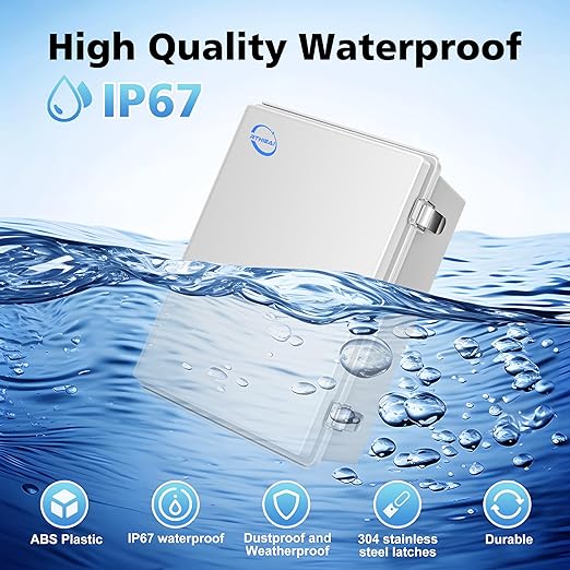 Waterproof Outdoor IP67 Junction Box (11.4"x7.5"x5.5") with Mounting Plate, Hinged Grey Cover and Wall Brackets - Weatherproof ABS Plastic Electrical Enclosure for DIY Projects (290x190x140mm)
