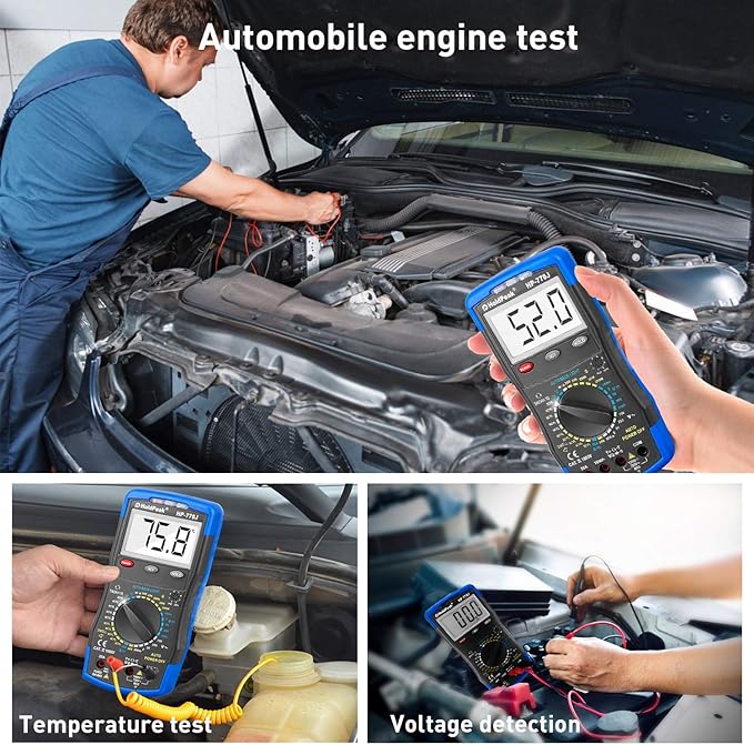 Digital Multimeter HP-770J Automotive Multimeter Engine Analyser Manual Ranging NCV Multi Tester Voltmeter Measure Voltage+Current+Resistance+Temp+RPM+Dwell Angle with Data Hold+Backlight+Auto Off+℃/℉