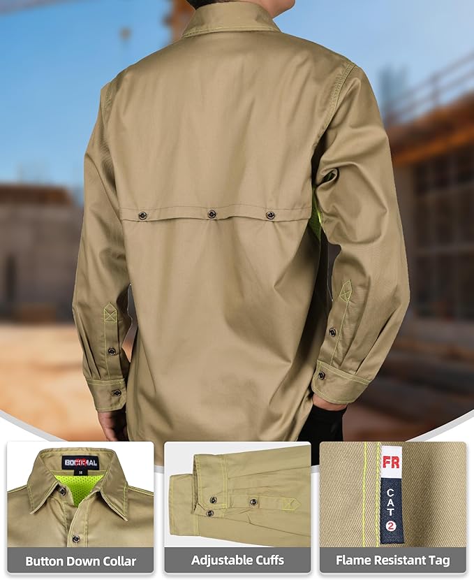 BOCOMAL FR Shirt for Summer Lightweight Vented Mesh Back and Underarm Breathable Flame Resistant Welding Button Down Shirts