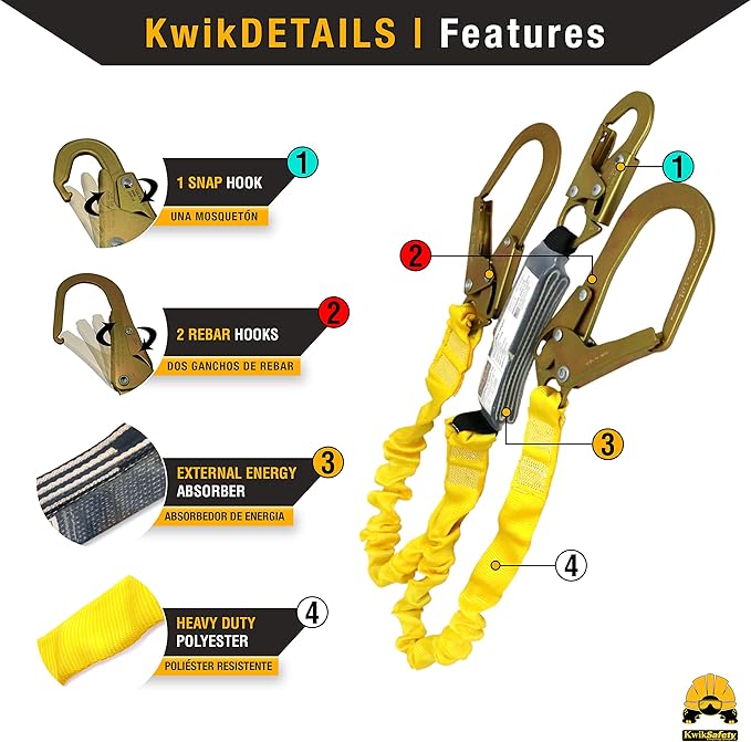 KwikSafety - Charlotte, NC -PYTHON [2 PACK] External Shock Absorber Double Leg 6ft Safety Lanyard OSHA ANSI Fall Protection Restraint Equipment Snap Rebar Hook Construction Arborist Roofing