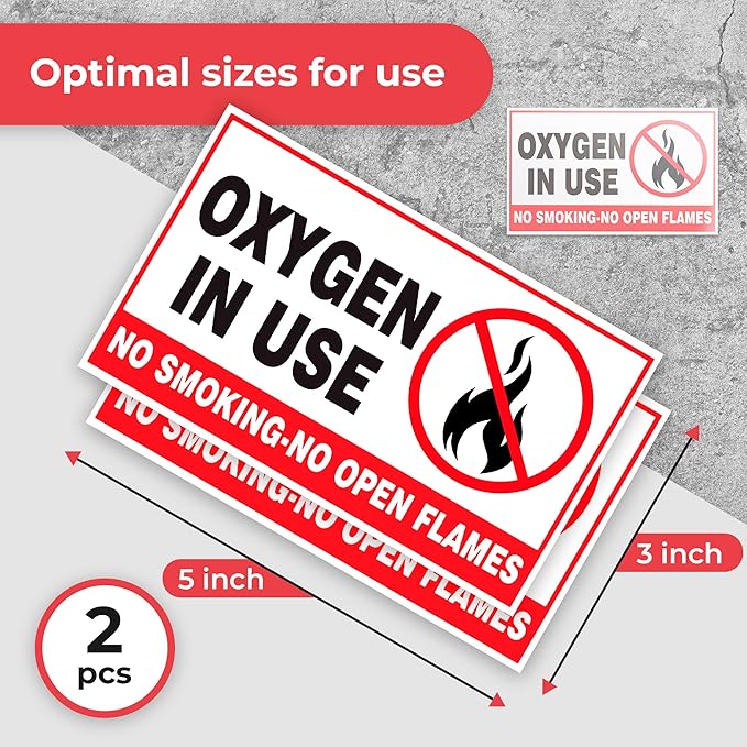 2Pcs Oxygen in Use Sign Self Adhesive Vinyl - No Smoking Area Oxygen 4 Mil Vinyl Decal Indoor Outdoor Office - 3" X 5" No Open Flame Sticker No Smoking Sign Sticker