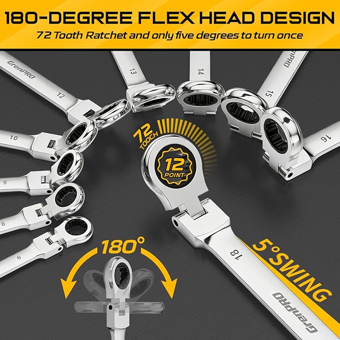 Ratchet Wrenches Set, 23PC Flex Head Ratcheting Wrench Set Metric and Standard & SAE, 6-18mm & 1/4" to 3/4" with Color Ring, CRV Open End Tool Organizer Pouch, Combination Ratchet Wrench Sets