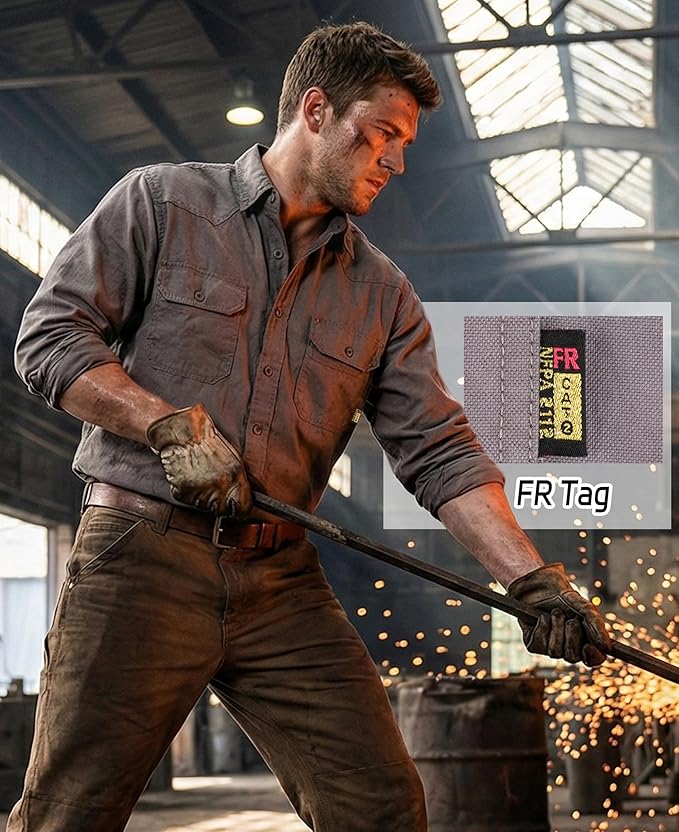 BOCOMAL FR Shirts Button Down Dura-Light 6.5 oz Soft Heather Series Utility Chest Pockets Flame Resistant Work Shirt CAT2