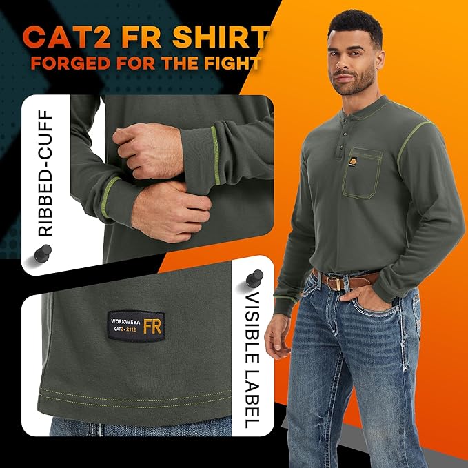 WORKWEYA FR Shirts for Men 6.5 oz Flame Resistant Long Sleeve Henley Shirt NFPA 2112/CAT2