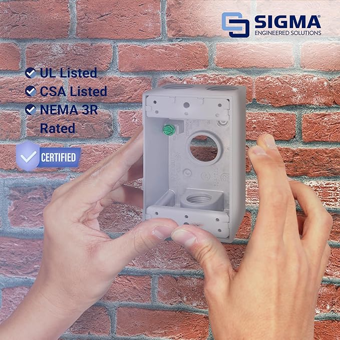 SIGMA ENGINEERED SOLUTIONS 14251WH Metal Electrical Outlet Box, Weatherproof, Easy Mount Plug and Receptacle Protector, White, (4) 1/2-Inch Holes, 1 Gang Deep Box
