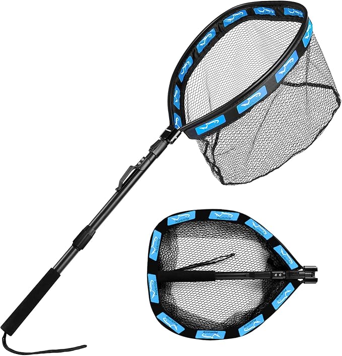 PLUSINNO Fishing Net Fish Floating Landing Net, Kayak Nets with Fixed Foldable Telescopic Pole Handle, Bass Trout Fishing Nets with Nylon Mesh for Pond Lake River, Fishing Gear Gifts for Men Anglers