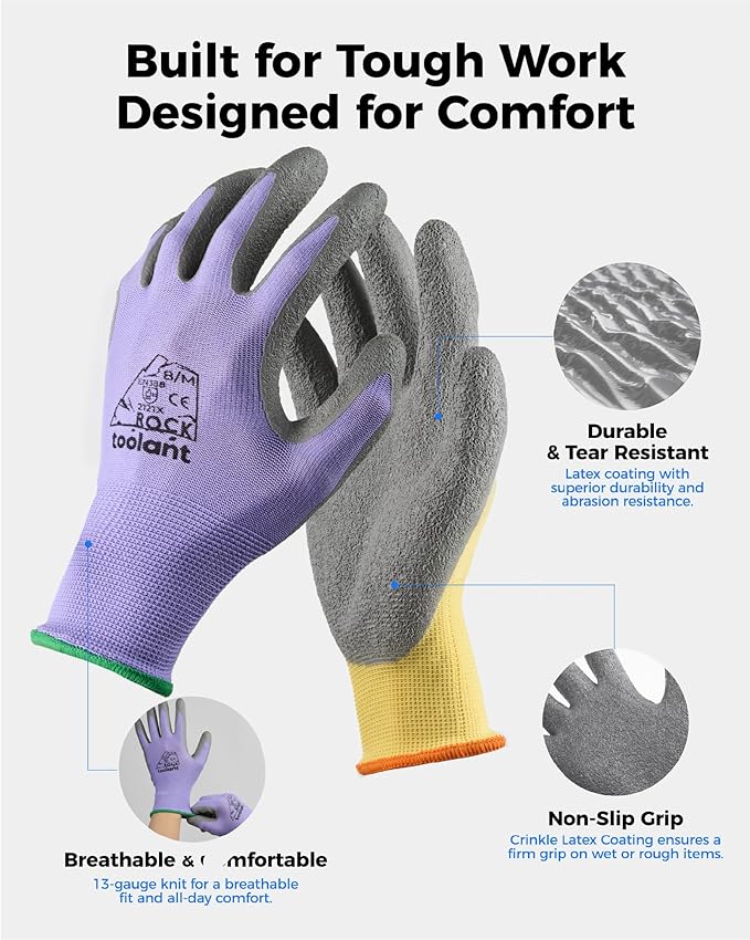 toolant Crinkle Latex Work Gloves Bulk, Rubber Coated Safety Work Gloves for Men and Women, 12 Pairs for Construction, Gardening, Warehouse (Purple & Yellow, Medium)