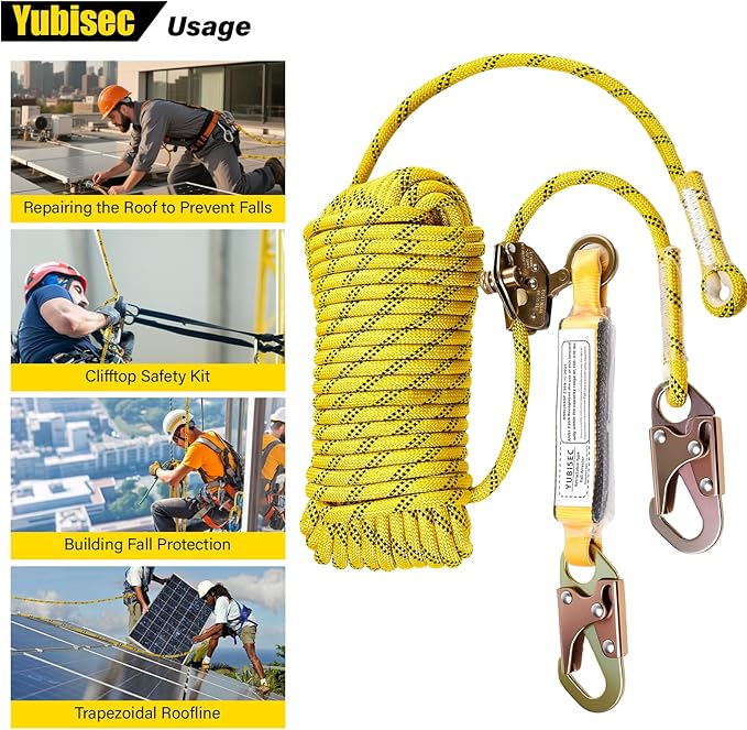 Rope Harness Safety Lanyard 50FT, Vertical Lifeline Assembly with Grab Snap Hooks Shock Absorber, Fall Protection Tree Climbing Lifeline Kit, Heavy Duty Roof Safety Equipment ANSI CE