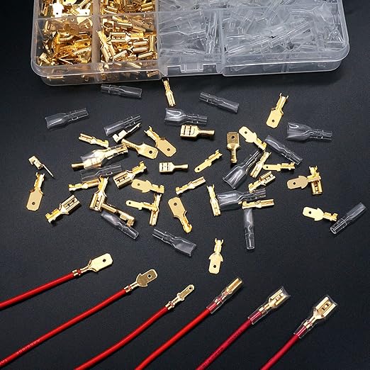 Twidec/360Pcs 2.8/4.8/6.3mm Quick Splice Male and Female Wire Spade Connector Crimp Terminal Block Assortment Kit Golden with Insulating Sleeve for Electrical Wiring Car Audio Speaker N-002