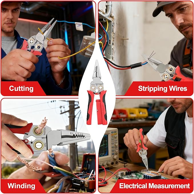 Pro 8-in-1 Wire Stripping Pliers with Voltage Tester for Live/Neutral Wires 12–250V, Needle Nose Pliers, Wire Cutter, Crimper and Wire Twister, Heavy Duty Electrical Tool for Electricians(Red)