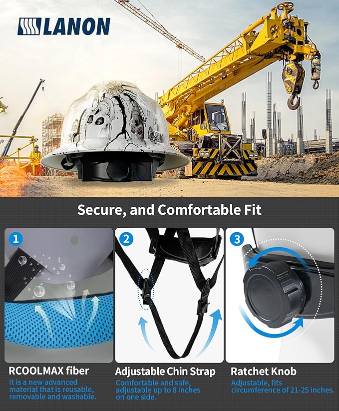 LANON Full Brim Hard Hat, OSHA Construction Work Approved, Premium Charcoal Gray Design, FRP Safety Helmet with 4 Point Adjustable Ratchet Suspension, Class C