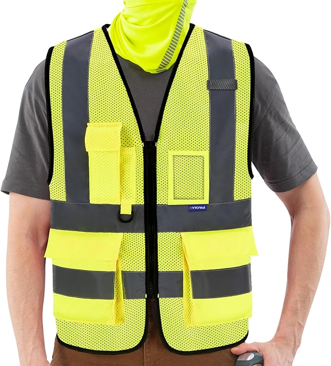A-SAFETY High Visibility Mesh Safety Reflective Vest with Pockets and Zipper,Hi Vis Viz Reflective Safety Vest(Yellow Mesh XXL)