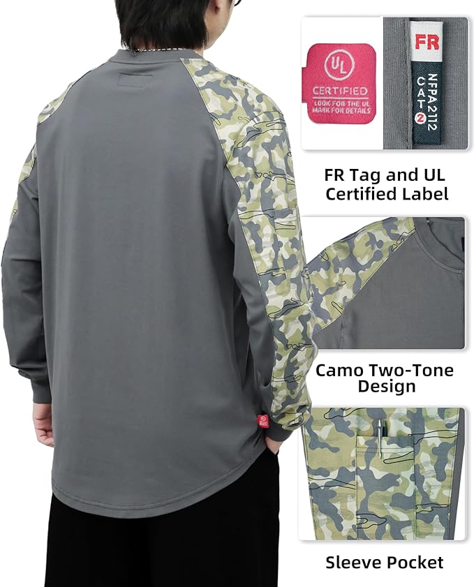 BOCOMAL FR Shirts 6oz Lightweight Flame Resistant Long Sleeve Henley Shirt Fire Retardant Workwear NFPA2112 CAT2