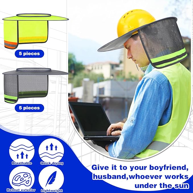 Vicenpal 10 Pcs Hard Hat Shade Full Brim, High Visibility Sun Visor Neck Shade with Reflective Strip, Hard Hat Accessories for Men Women Construction Use(Grey, Yellow)