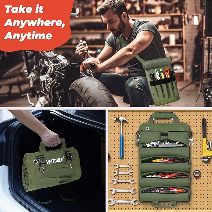 Roll Up Tool Bag, Gifts for Him Men Dad Husband Boyfriend Fathers Day, Portable Tools Storage for Men, Heavy Duty Tool Organizer W/Detachable Pouches for Electrician Mechanic Carpenter