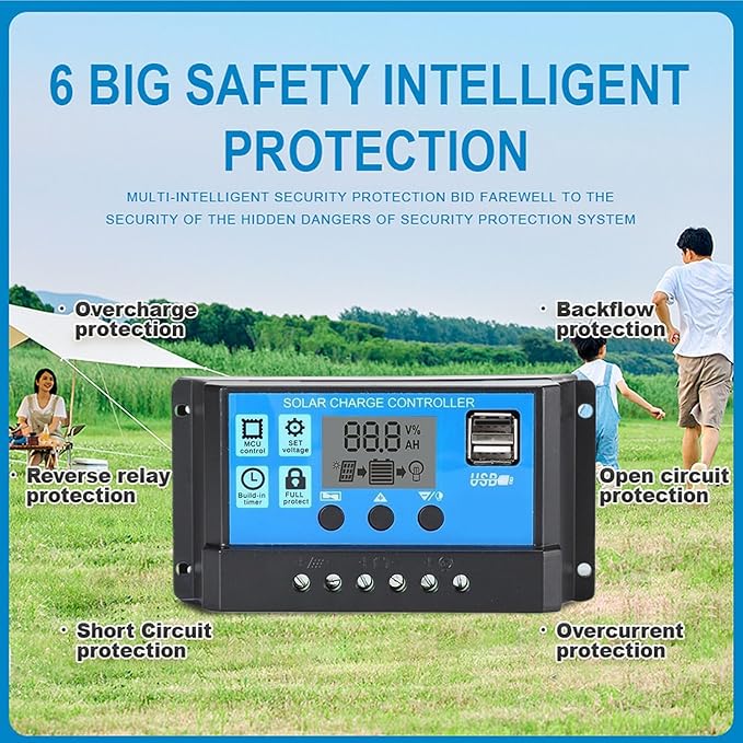 Solar Charge Controller PWM 30A 12V/24V Auto Parameter Solar Panel Regulator with Adjustable LCD Display Dual USB Port Timer Setting PWM MPPT