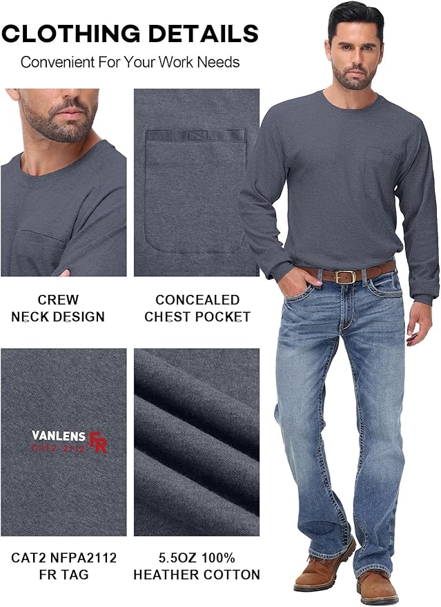 FR Shirts for Summer Crew T-Shirt 5.5OZ Heather Jersey Flame Resistant Long Sleeve Crew T Shirt CAT2