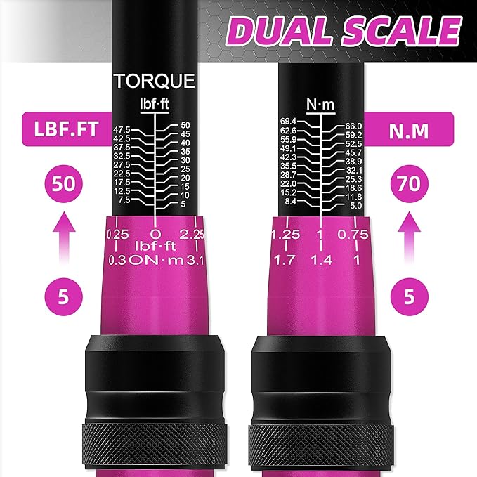 PRIDE&CRAFT 3/8 Inch Drive Click Torque Wrench, 3% High Precision Adjustable Dual Direction, 72-Tooth, 5-50 lbf.ft/6.8-68 Nm Torque Wrench for Bike, Motorcycle and Car Repair, Pink Black