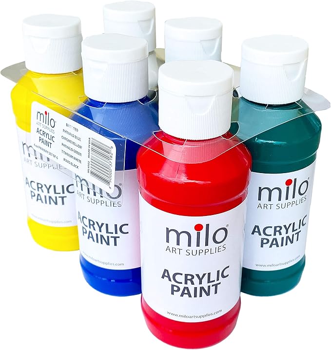 milo Acrylic Paint Set of 6 Colors | 4 oz Bottles | Student Primary Colors Acrylics Painting Pack | Made in the USA | Non-Toxic Art & Craft Paints for Artists & Hobby Painters