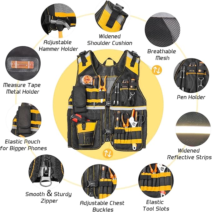 Electrician Tool Vest for Men, Reflective Safety Work Vest with Adjustable Thick Straps, Removable Phone Holder for Electrical, Carpenters, Construction, 22 Pockets
