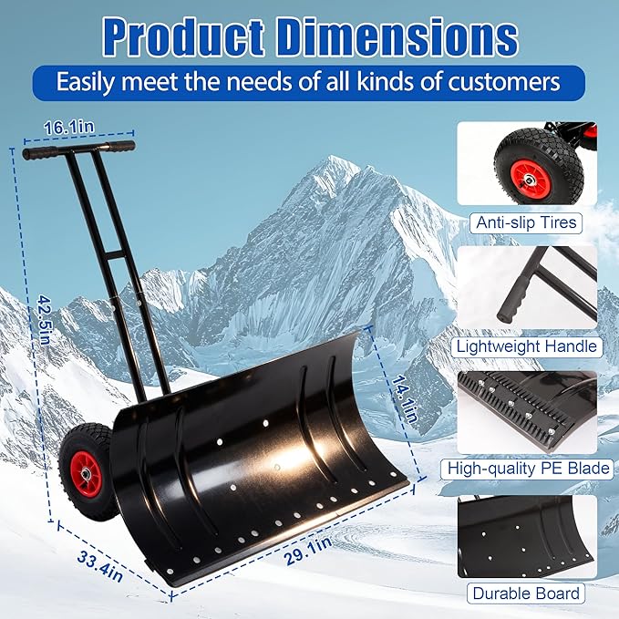Snow Shovel with 2 Wheel(10 inch), 29in Heavy Duty Snow Plow Hand Pusher for Driveway, 5 Level Adjustable Blade Angle & Height Ergonomic Handle, Sidewalk and Pavement Clearing