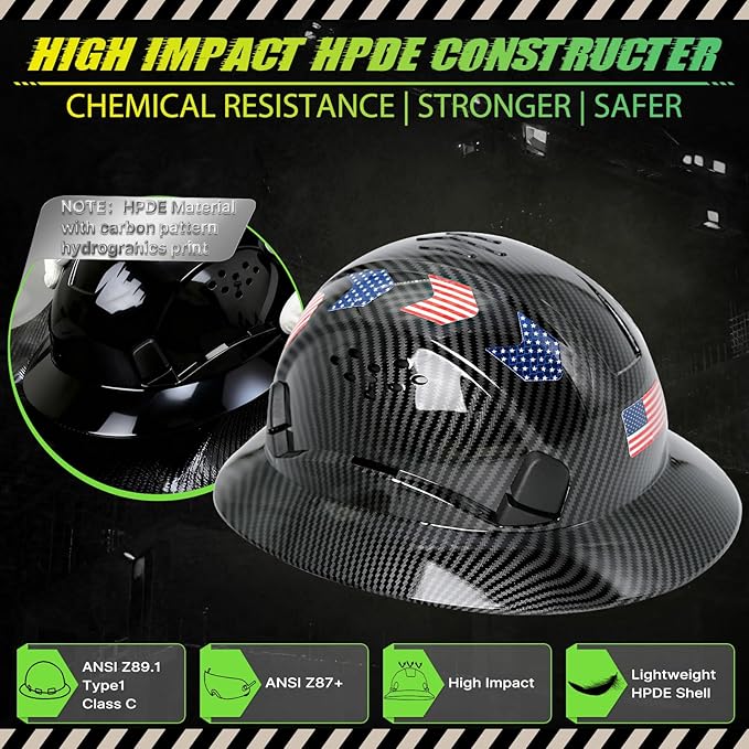 Carbon Fiber Pattern Full Brim Hard Hat with Visor-OSHA Approved Construction Safety Helmet for Men Women,ANSI Z89.1 Vented Reflective Hardhat with Hard Hat Chin Strap,6-Point Suspension