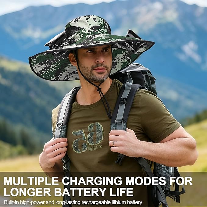 Solar Fan Hat with Detachable Fan, UPF 50+ Wide Brim Sun Hat with Face Mask and Arm Sleeves, 3 Speed USB &Solar Powered Fan