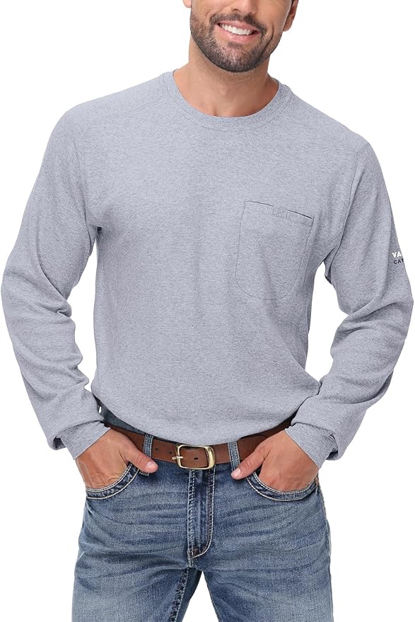 FR Shirts for Summer Crew T-Shirt 5.5OZ Heather Jersey Flame Resistant Long Sleeve Crew T Shirt CAT2