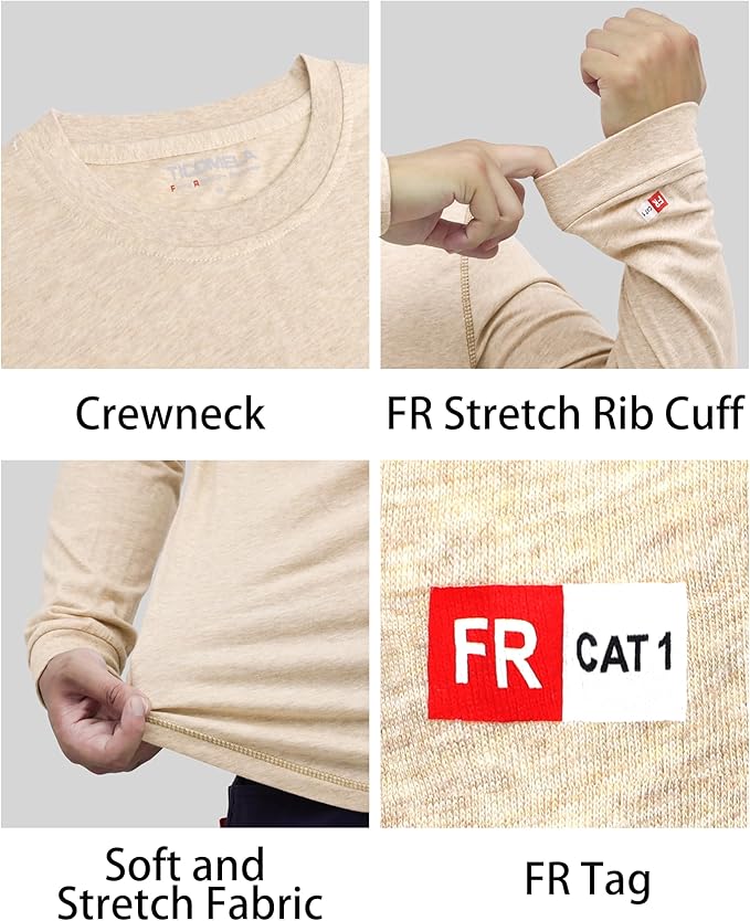 TICOMELA FR Shirts for Men 4oz Lightweight Flame Resistant Crewneck T-Shirts 100% Cotton Fire Retardant Henley Shirts