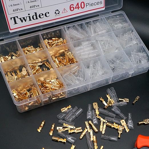 Twidec/640Pcs 2.8/4.8/6.3mm Quick Splice Male and Female Wire Spade Connector Crimp Terminal Golden Kit with Wire Terminal Crimping Pliers Tools 26-16AMG for Electrical Wiring Car Audio Speaker