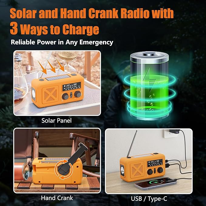 Emergency Radio Hand Crank Solar, 5000mAh/18500mWh Emergency Weather Radio, Solar Crank Radios with NOAA/AM/FM, Thermal Blanket, Paracord Bracele, for Outdoor & Home
