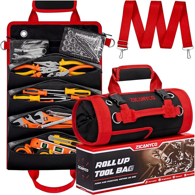 Roll Up Tool Bag, Heavy Duty See-Through Tool Roll Organizer with 2 Detachable Pouches, Portable Mechanic & Motorcycle Tool Bag, Birthday & Father’s Day Gift, Red